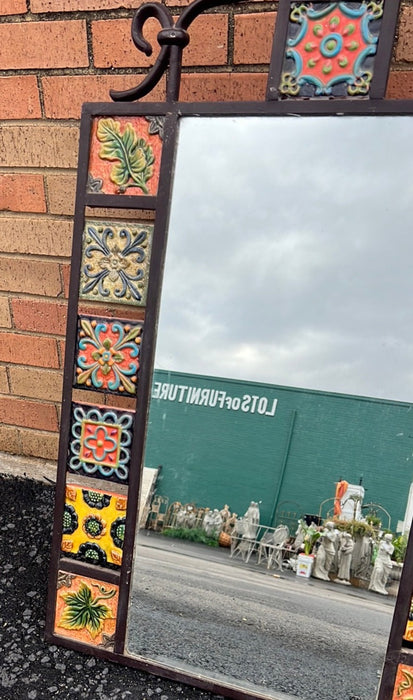 CAST IRON MIRROR WITH COLORFUL GLAZED TERRA COTTA TILES