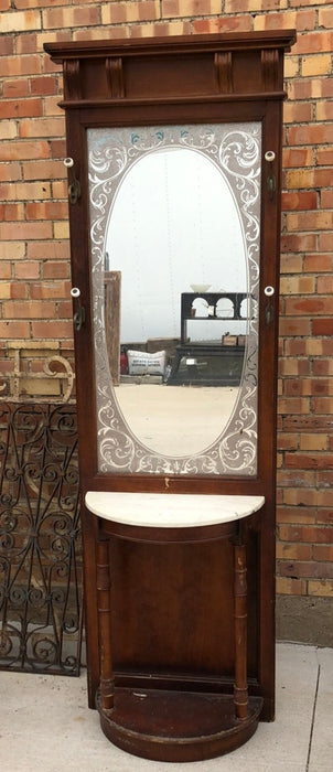 HALLTREE WITH MARBLE TOP CONSOLE AND ETCHED MIRROR-NOT OLD