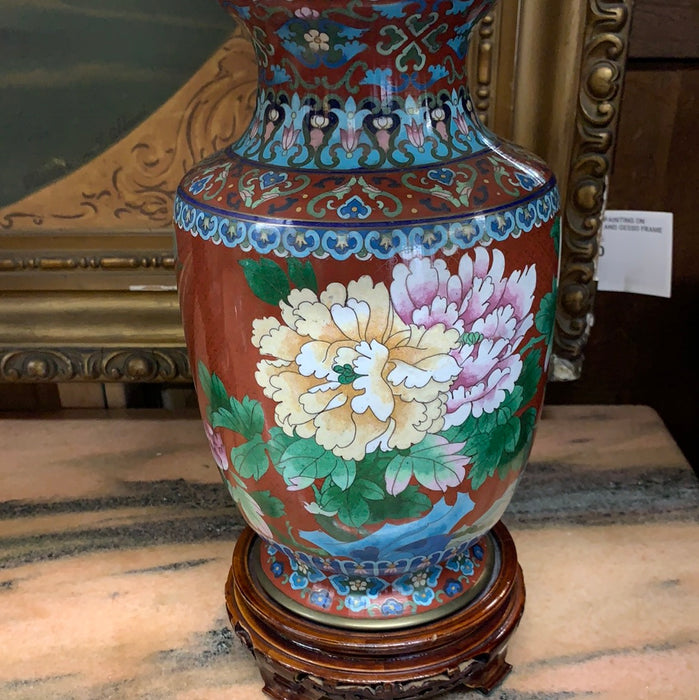 PAIR OF RED CLOISONNE WITH BLUE BIRDS LAMPS