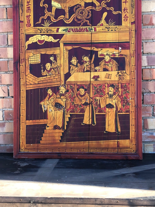 RED AND GOLD ASIAN PANEL WITH PEOPLE AND FOO DOG - EACH