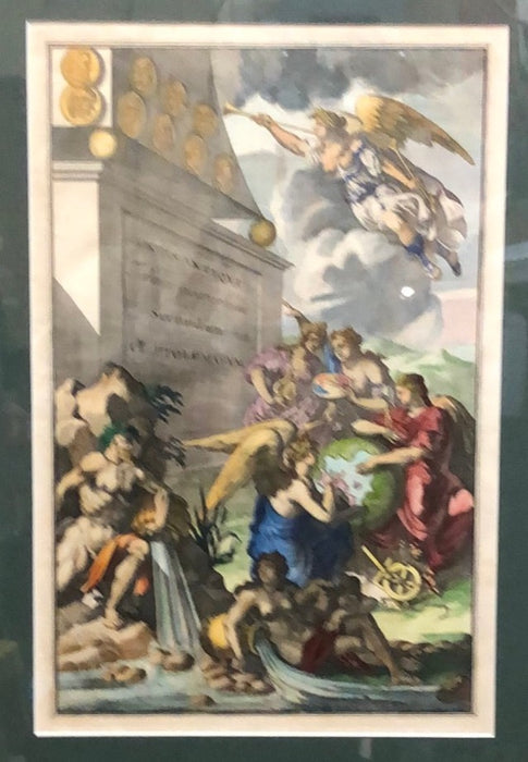 FRAMED HAND COLORED ENGRAVING WITH ANGELS