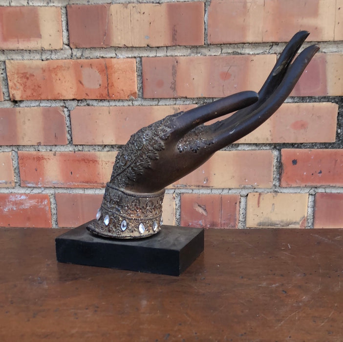 INDIAN WOOD WITH BRASS OVERLAY  HAND