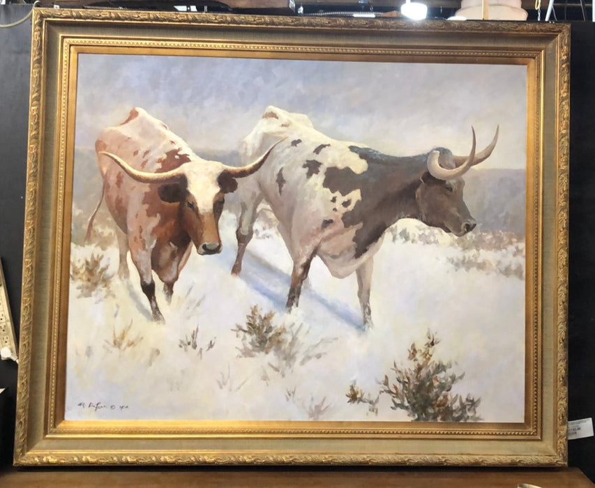 LARGE FRAMED OIL PAINTING OF TEXAS LONG HORNS BY ROBERT DE LEON