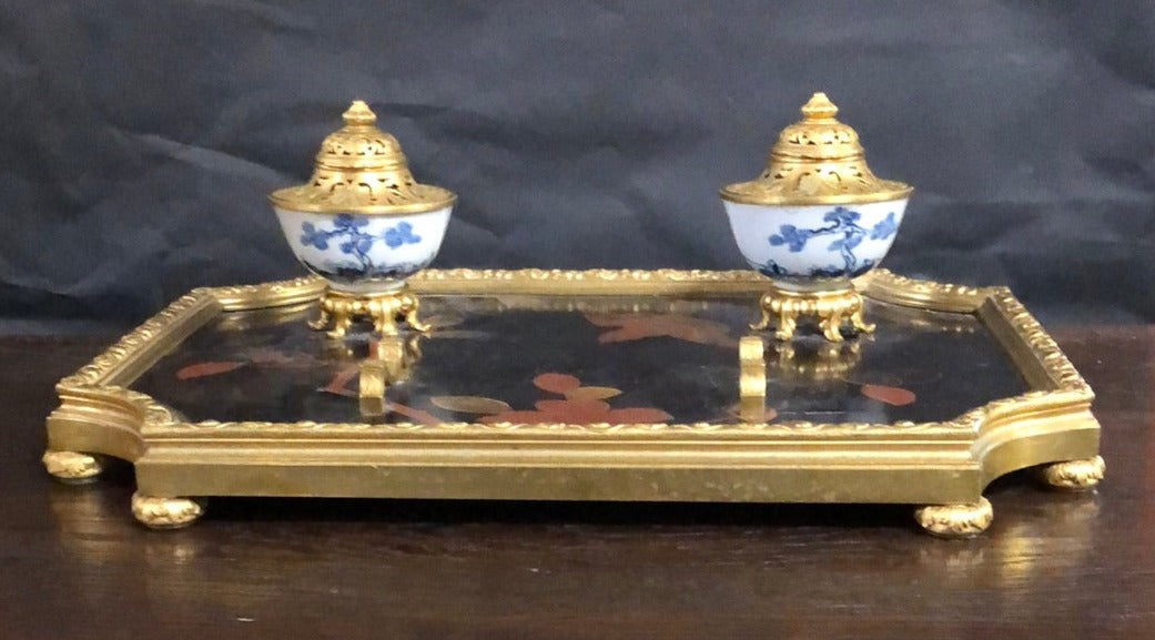 19TH CENTURY GILT BRONZE AND PORCELAIN INK WELL