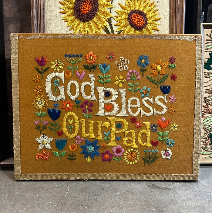 "GOD BLESS OUR PAD" NEEDLEPOINT WALL HANGING