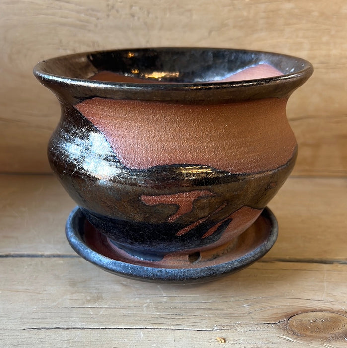 METALLIC GLAZED TERRA COTTA PLANTER WITH ATTACHED SAUCER