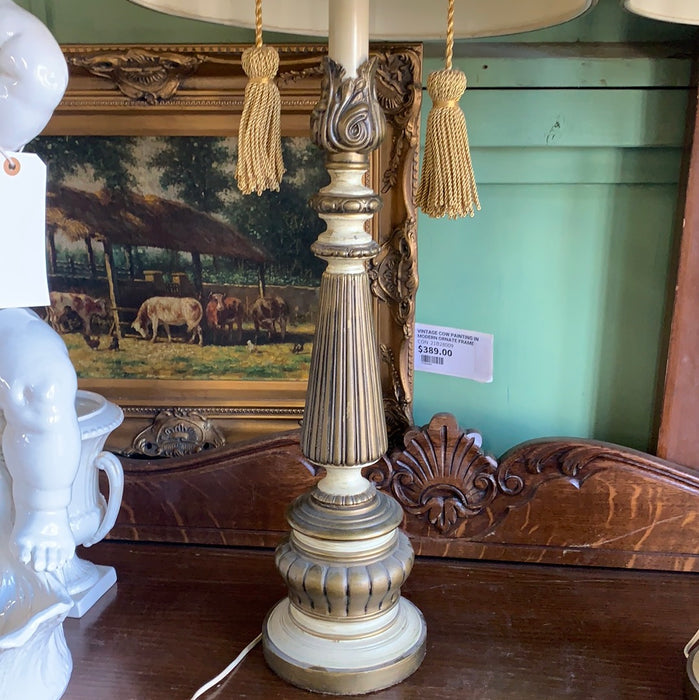 AS FOUND PAIR OF VINTAGE GOLD METAL LAMPS WITH TASSELS