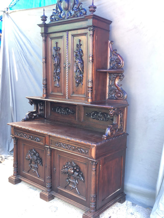 LARGE BLACK FOREST CARVED OAK SERVER WITH GAME AND FRUIT MOTIFS - OPEN SHELVES