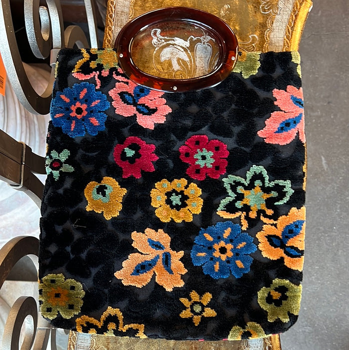 FLORAL VELVET FOLDABLE CLUTCH PURSE WITH ACRYLIC HANDLES