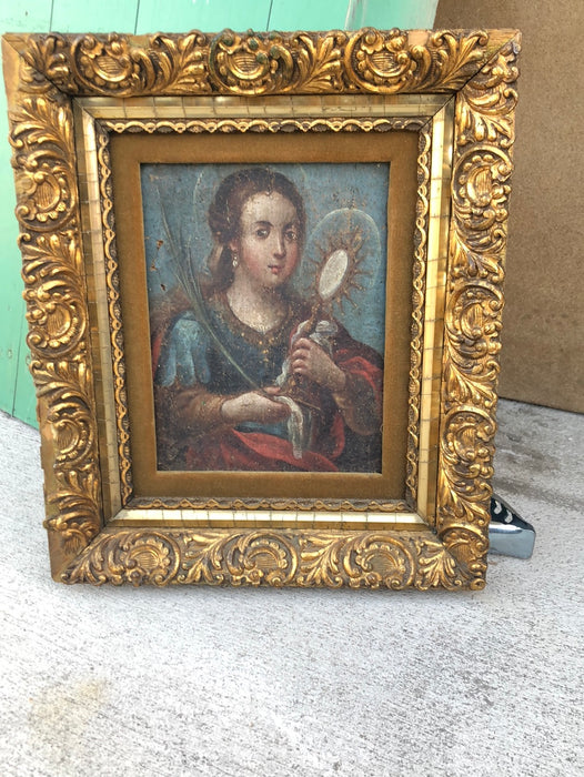 SMALL FEMALE SAINT OIL PAINTING HOLDING A MONSTRONCE ON CANVAS IN GILT FRAME