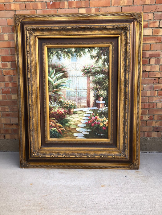 LARGE GOLD AND BLACK FRAME WITH OIL PAINTING OF GARDEN