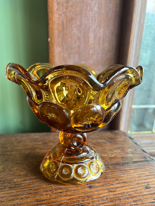 AMBER GLASS MOON AND STARS COMPOTE