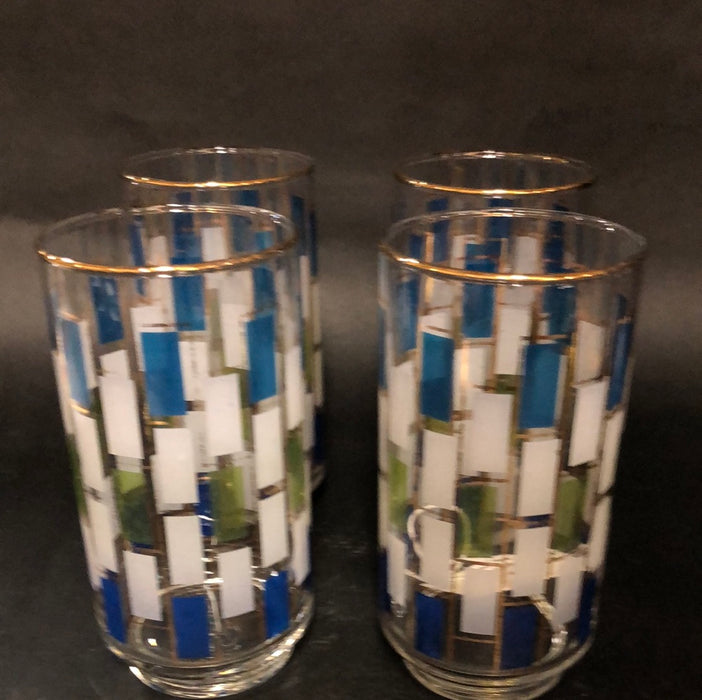 SET OF 4 MCM BLUE AND GREEN GEOMETRIC DESIGN GLASSES