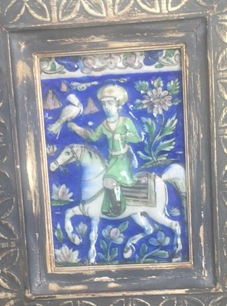 FRAMED COLORFUL PERSIAN TILE OF MAN ON HORSE