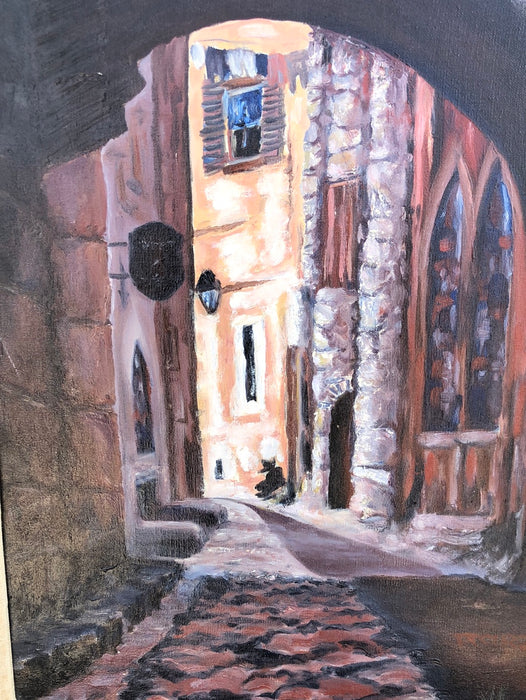 COBBLED STREET SCENE OIL PAINTING ON CANVAS WITH ARCH