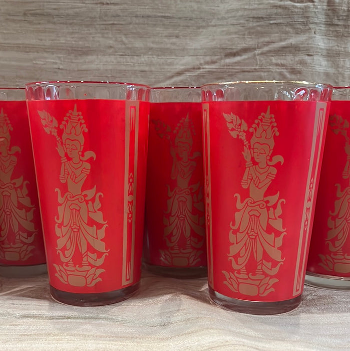 SET OF 6 SMALL VINTAGE RED WITH GOLD RIM ASIAN GLASSES
