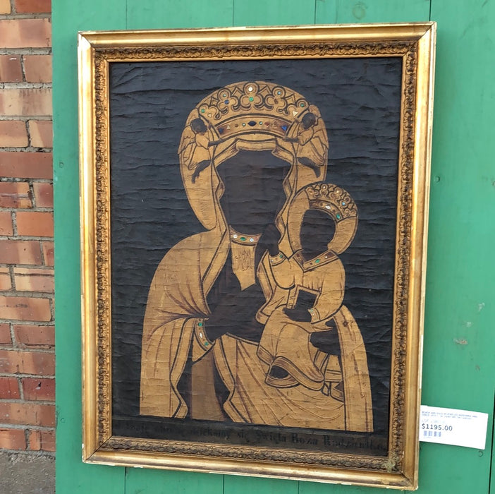 BLACK AND GOLD BEJEWELED MADONNA AND CHILD 18TH C. OIL PAINTING ON CANVAS