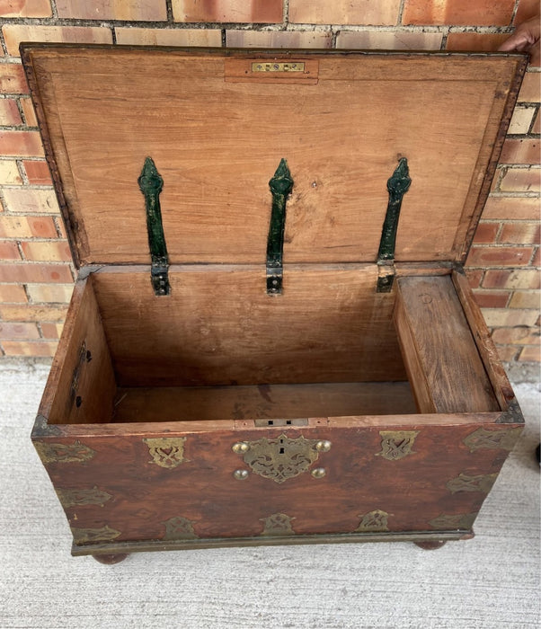 BRASS MOUNTED TEAK INDIAN COFFER - AS FOUND