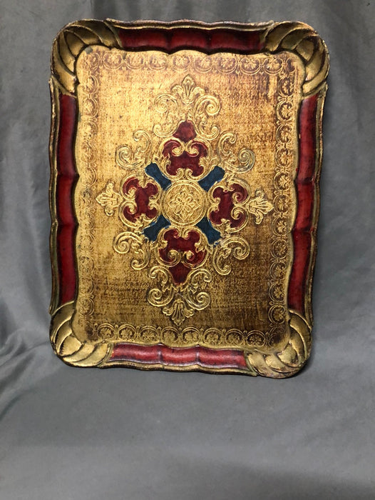 SMALL RECTANGULAR FLORENTINE TRAY WITH RED, GREEN AND GOLD