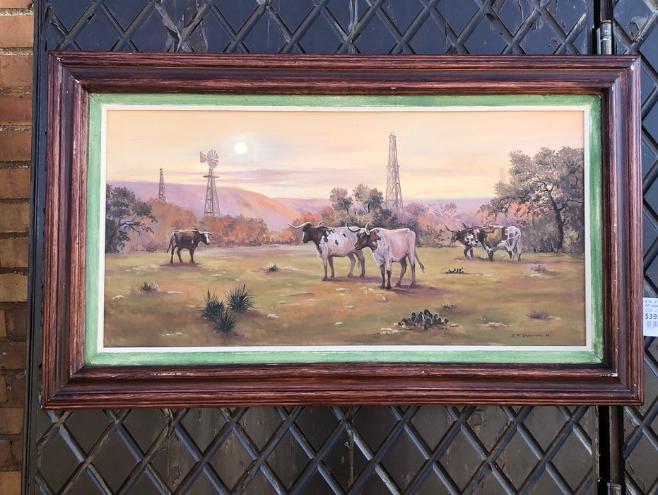 R.M. STEWART OIL PAINTING OF LONG HORNS