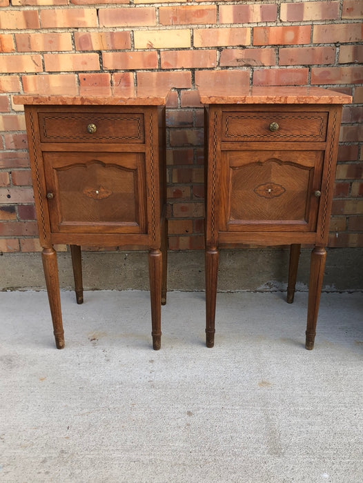 PAIR OF FRENCH INLAID OAK MARBLE TOP STANDS AS FOUND