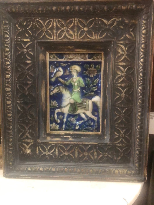 FRAMED COLORFUL PERSIAN TILE OF MAN ON HORSE