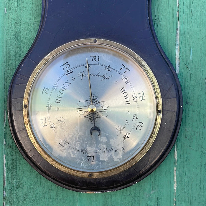 BANJO SHAPED BAROMETER, HYGROMETER AND (BROKEN) THERMOMETER