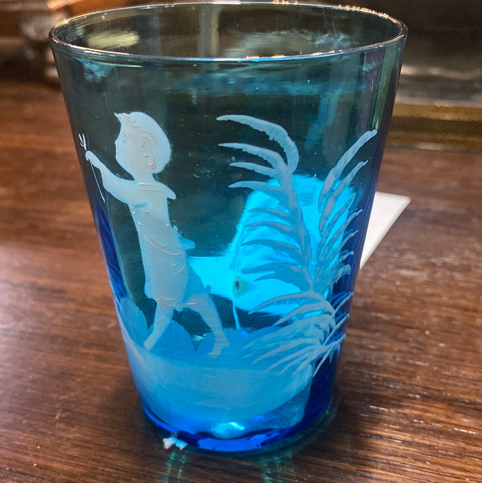 BLUE AND WHITE MARY GREGORY VICTORIAN ART GLASS TUMBLER