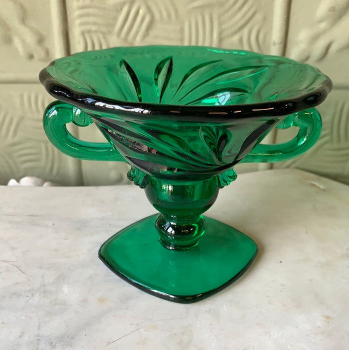 EMERALD GREEN GLASS SMALL COMPOTE WITH HANDLES