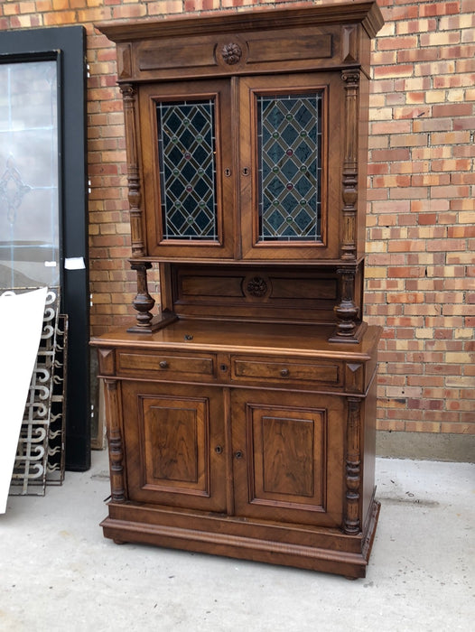 STAINED GLASS WALNUT HUNT CABINET WITH RONDELLS