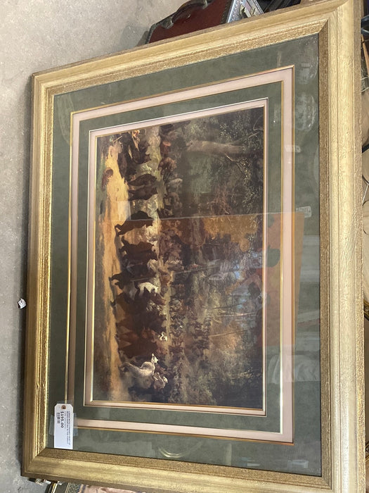 LARGE NICELY FRAMED PRINT OF BEARS DANCING IN THE FOREST