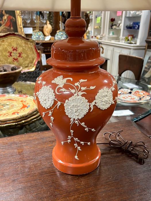 ORANGE GINGER JAR STYLE LAMP WITH RAISED WHITE FLOWERS