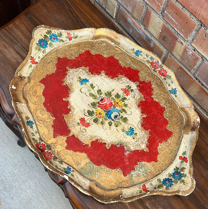 GOLD AND RED FLORENTINE TRAY WITH HANDLES