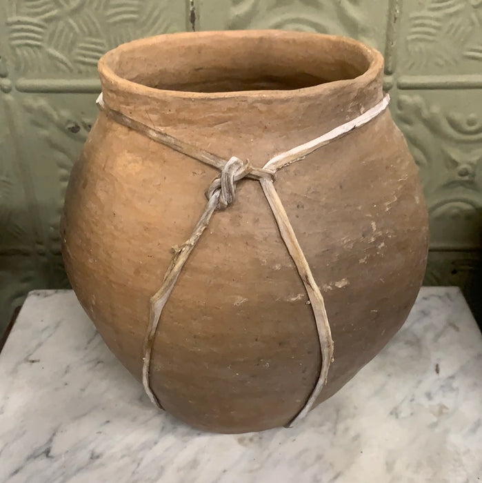 LARGE CLAY VASE WITH LEATHER STRAP WRAP