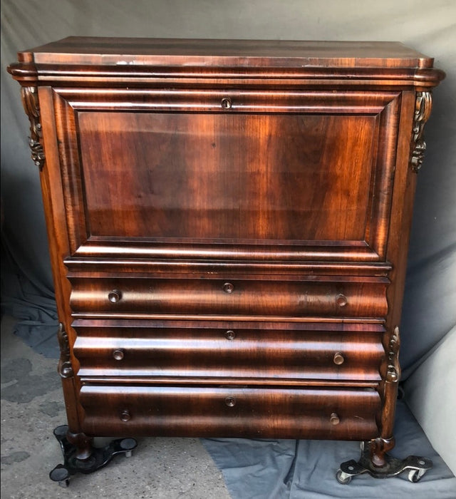 MAHOGANY DROP FRONT DESK WITH PAINTED DETAIL ON INNER DRAWERS
