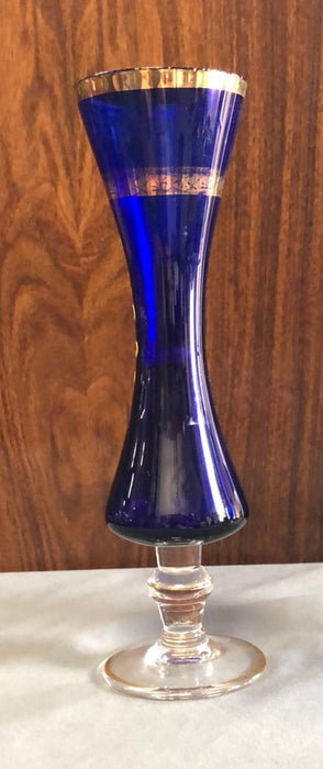 COBALT BOHEMIAN FOTTED VASE WITH GOLD OVERLAY