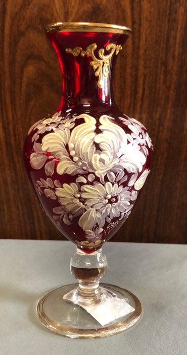 SMALL RED GLASS AND ENAMEL BOHEMIAN VASE