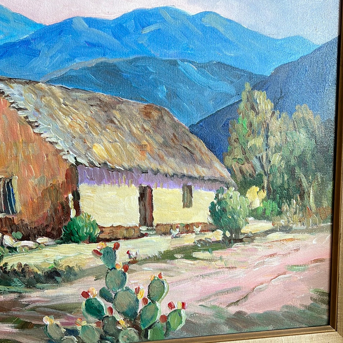 HARDY MARTIN MOUNTAIN MEXICAN VILLAGE WITH HUT OIL PAINTING ON BOARD