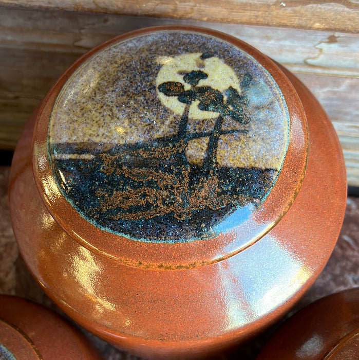 SET OF 3 GLAZED POTTERY CANNISTERS WITH MOONLIT SCENE LIDS