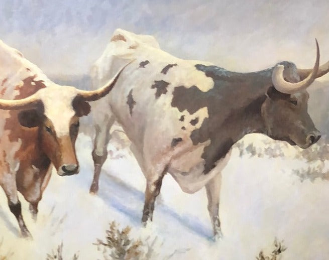 LARGE FRAMED OIL PAINTING OF TEXAS LONG HORNS BY ROBERT DE LEON