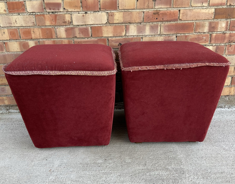 PAIR OF RED TAPERED UPHOLSTERED OTTOMANS