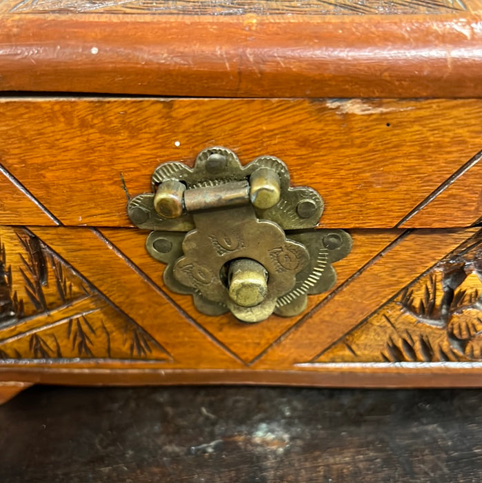 AS IS WOOD CARVED BOX WITH BRASS HINGE