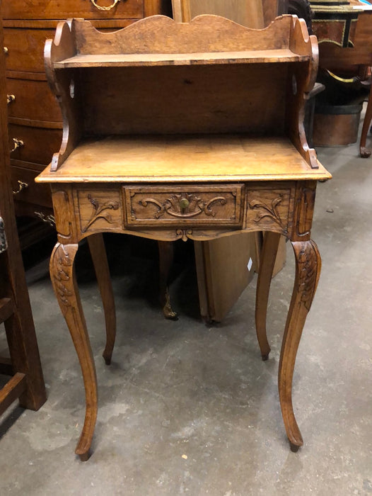 TIERED LIGHT OAK FRENCH STAND WITH DRAWER