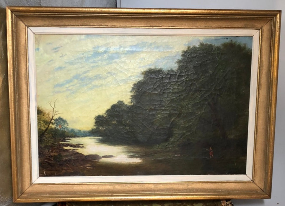 GOLD FRAMED 19TH CENTURY OIL PAINTING OF A BOY FISHING ON A RIVER SIGNED J.M. CARRICK
