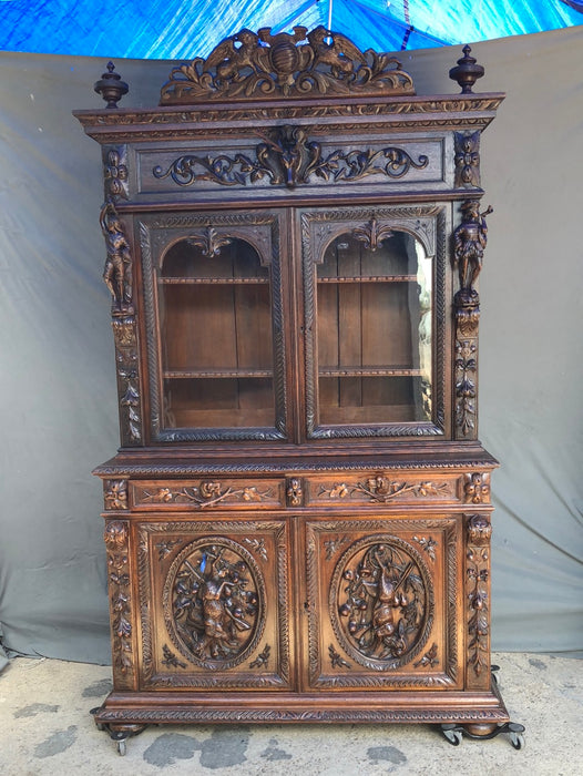 CARVED HUNT CABINET WITH ELK AND RABBIT