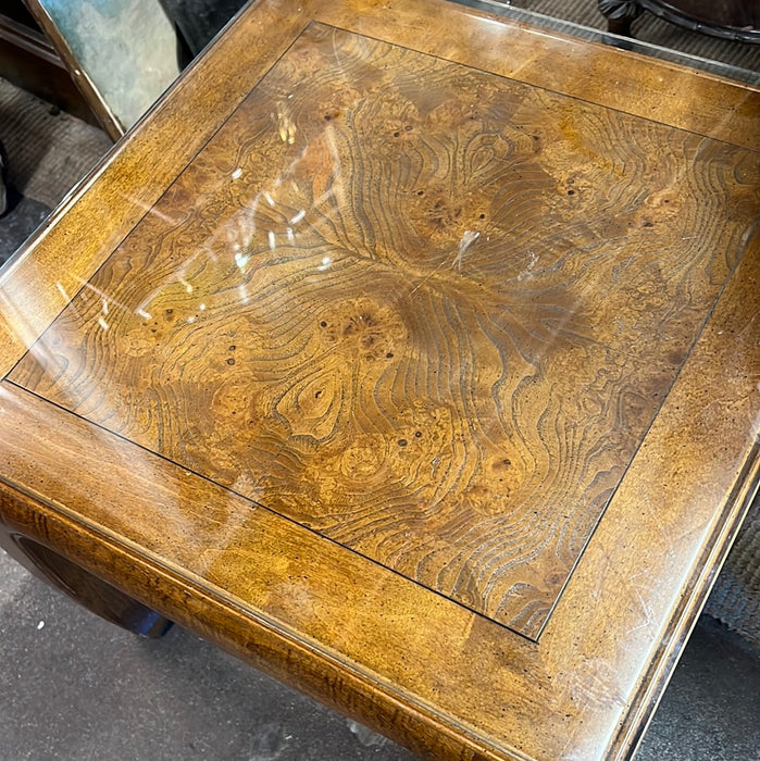 PAIR OF GLASS TOP CENTURY BURL SIDE TABLE WITH MING LEGS