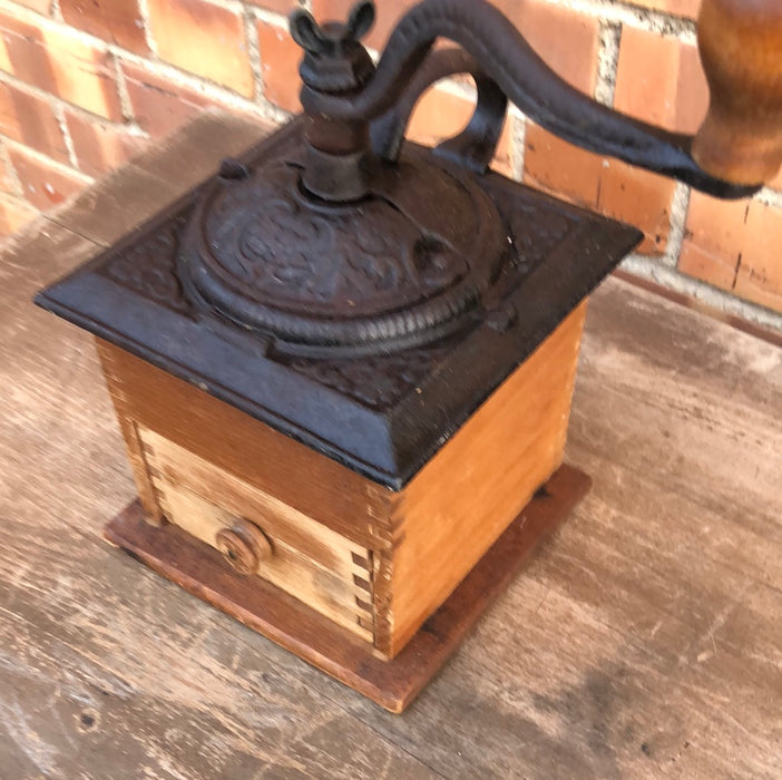 ANTIQUE CAST IRON AND WOOD COFFEE MILL