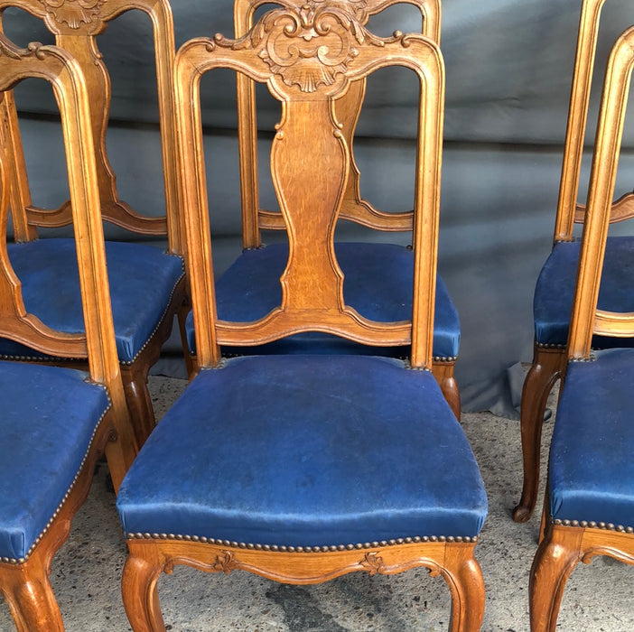 SET OF 6 OAK LOUIS XV CHAIRS WITH  BLUE LEATHER SEAT S