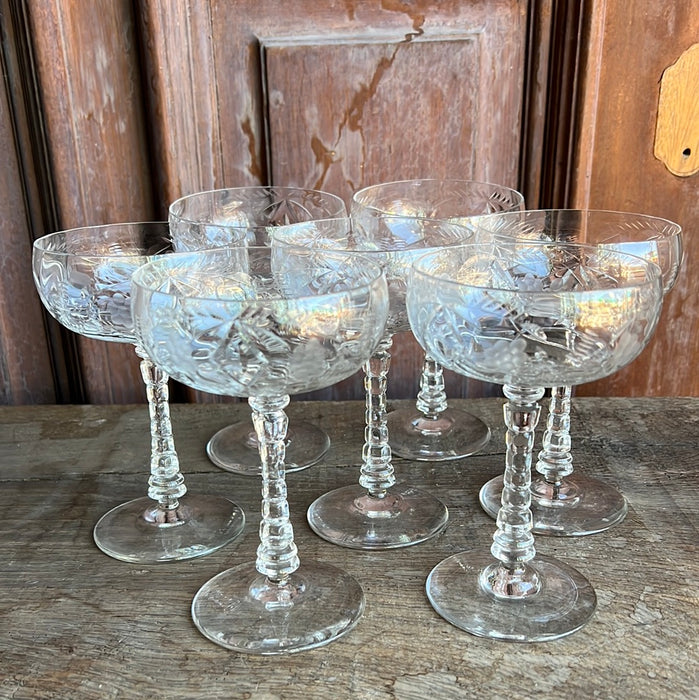 SET OF 7 CRYSTAL ETCHED CHAMPAGNE GLASSES