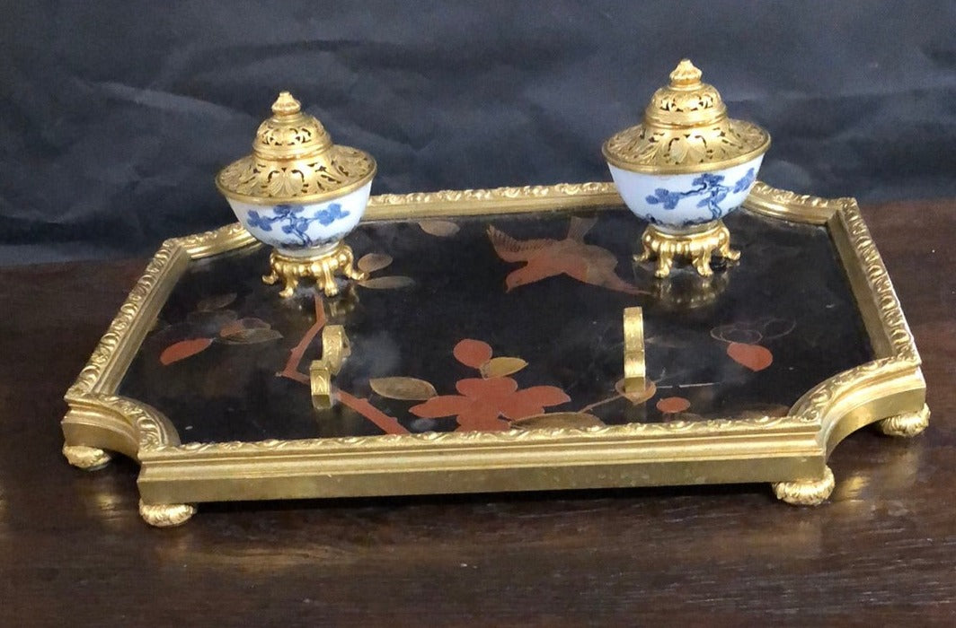 19TH CENTURY GILT BRONZE AND PORCELAIN INK WELL